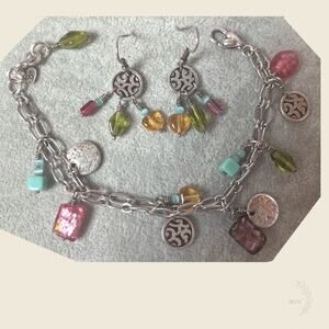 Brighton Charm Bracelet Earrings Set Adjustable Glass Dangle Silver Tone